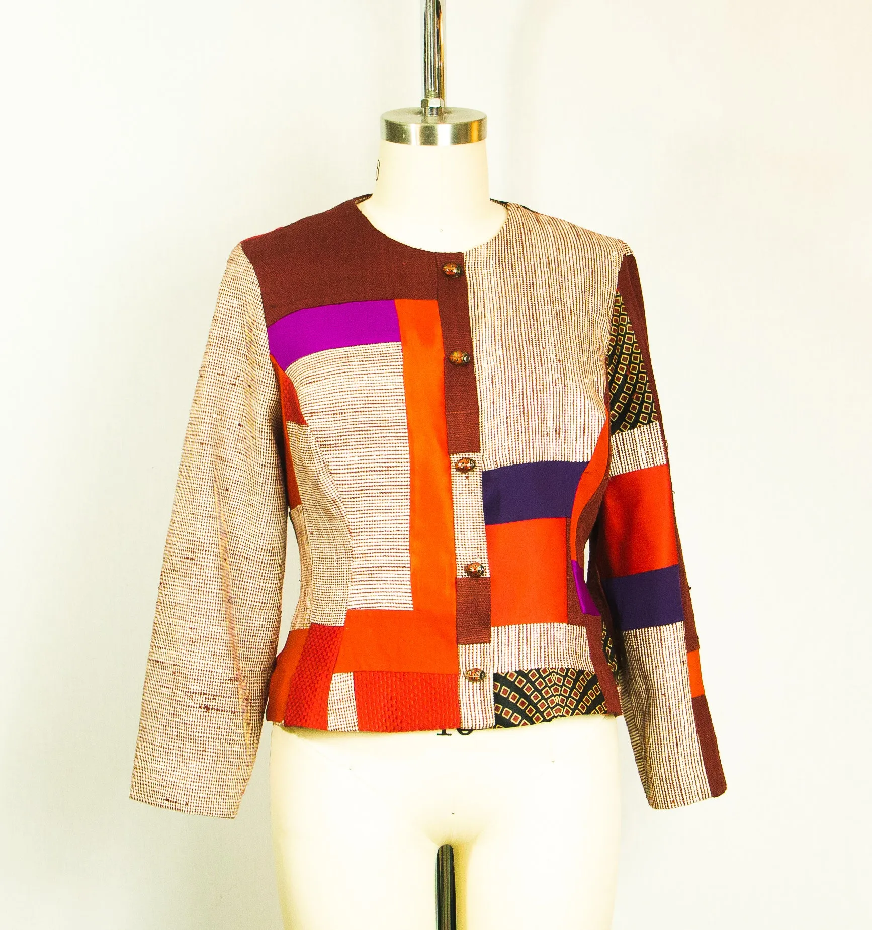 Large Patchwork Fitted  Red Jacket with Mixed Fabrics