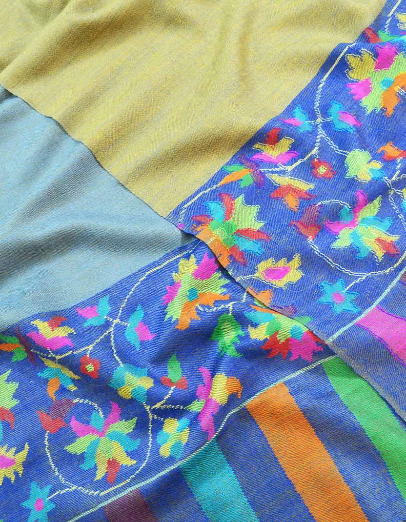 light blue and Yellow Reversible Kani Pashmina Shawl 7326