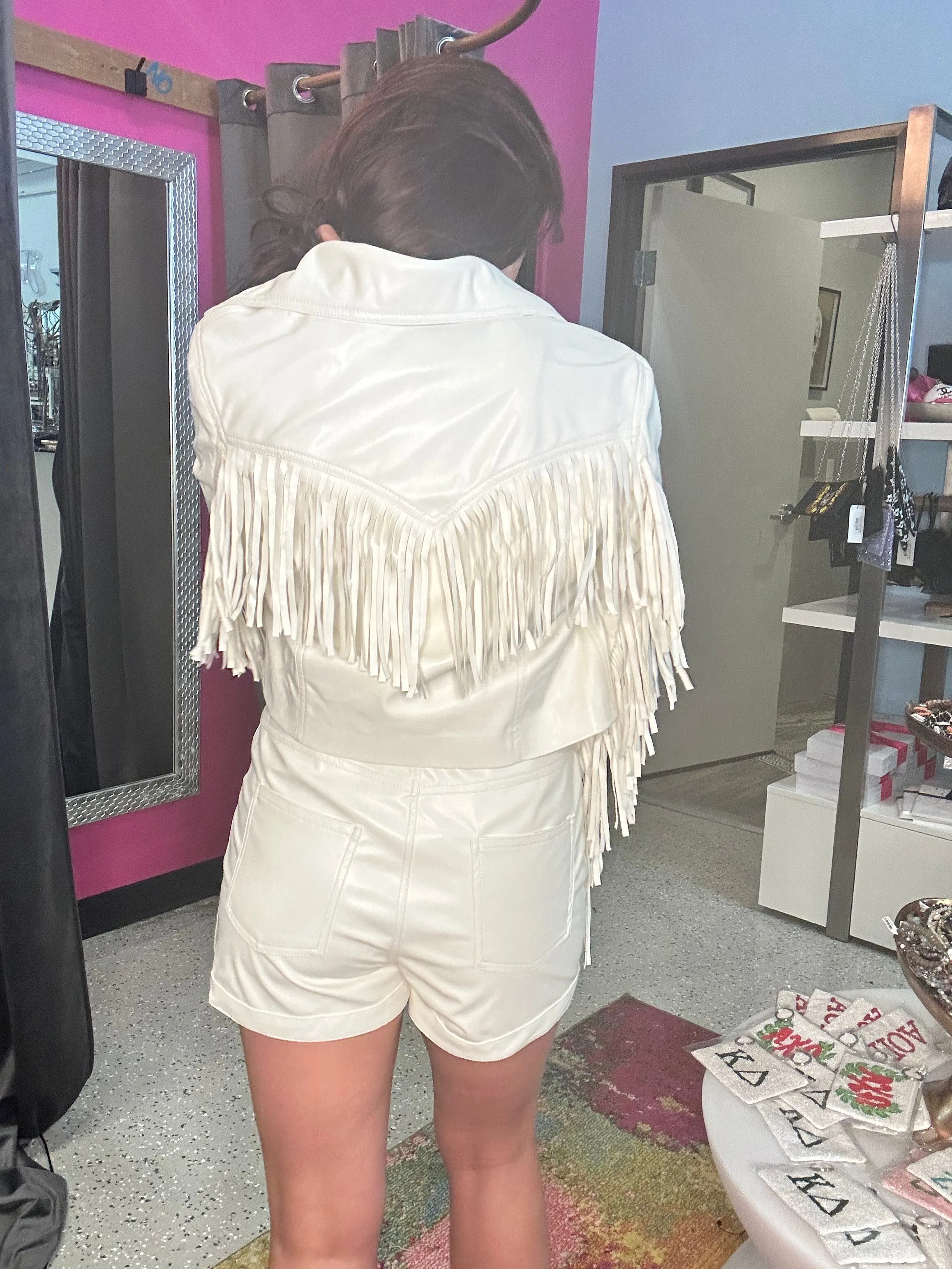 Line and Dot White Fringe Shorts