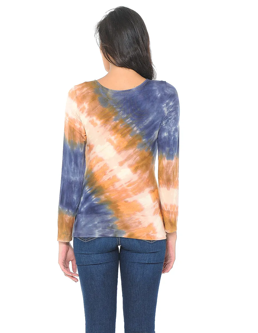 Long Sleeve Tan Tie Dye Wrap Top