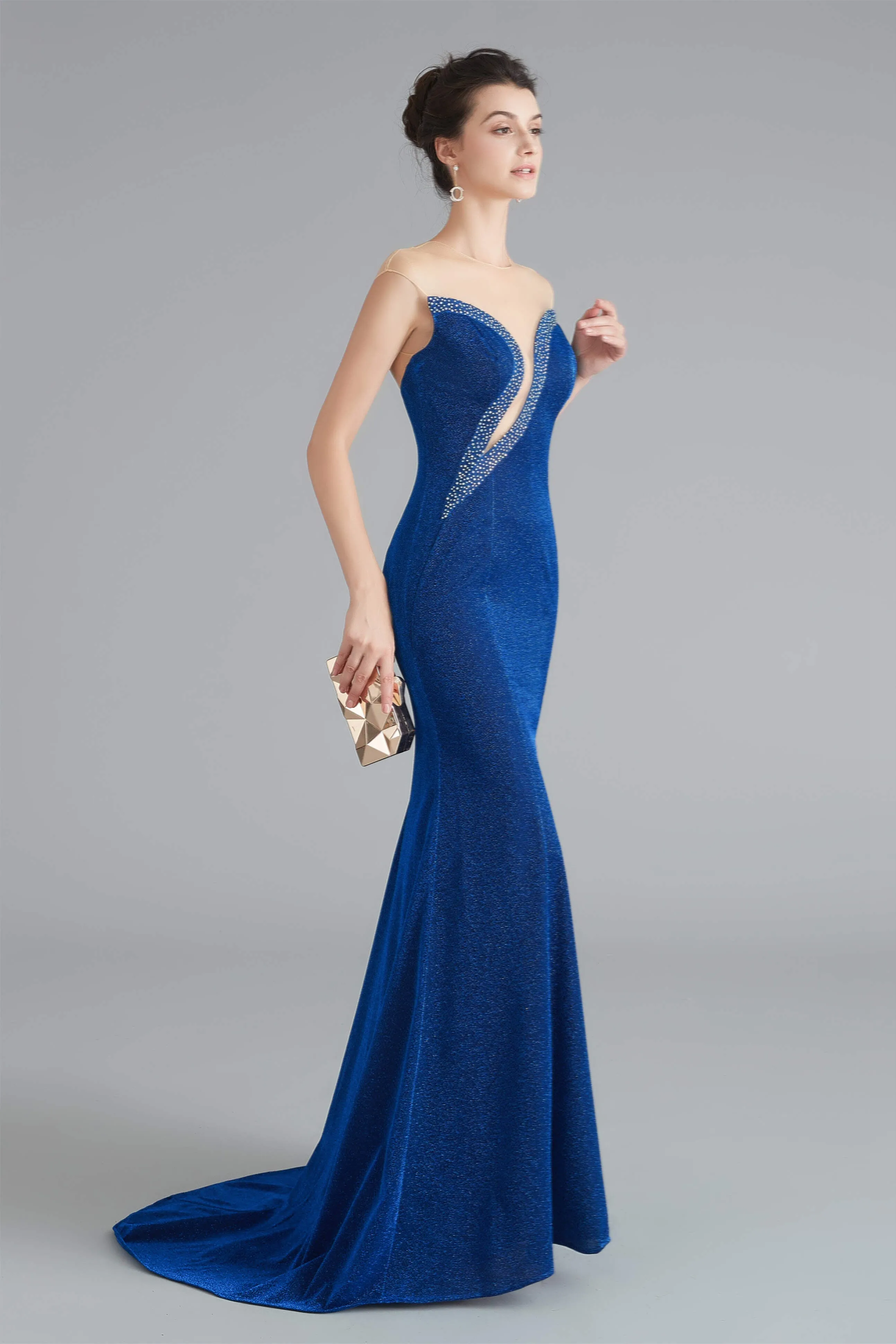 Mermaid Sheer Neck Beaded Sequins Satin Prom Dresses