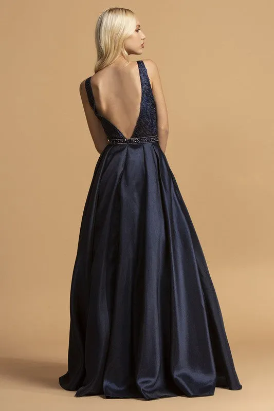 Navy Beaded Top Pocket Satin Long Dress