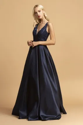 Navy Beaded Top Pocket Satin Long Dress