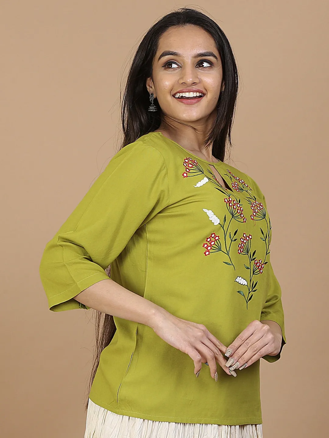 Olive Floral Embroidery Panelled Top