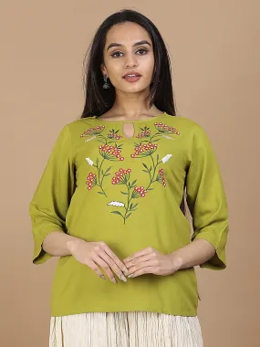 Olive Floral Embroidery Panelled Top