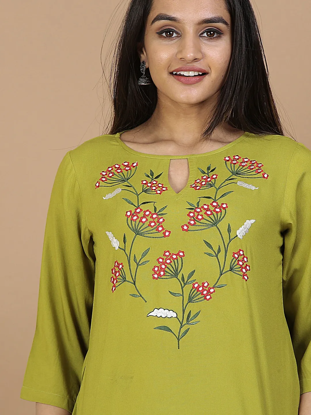 Olive Floral Embroidery Panelled Top