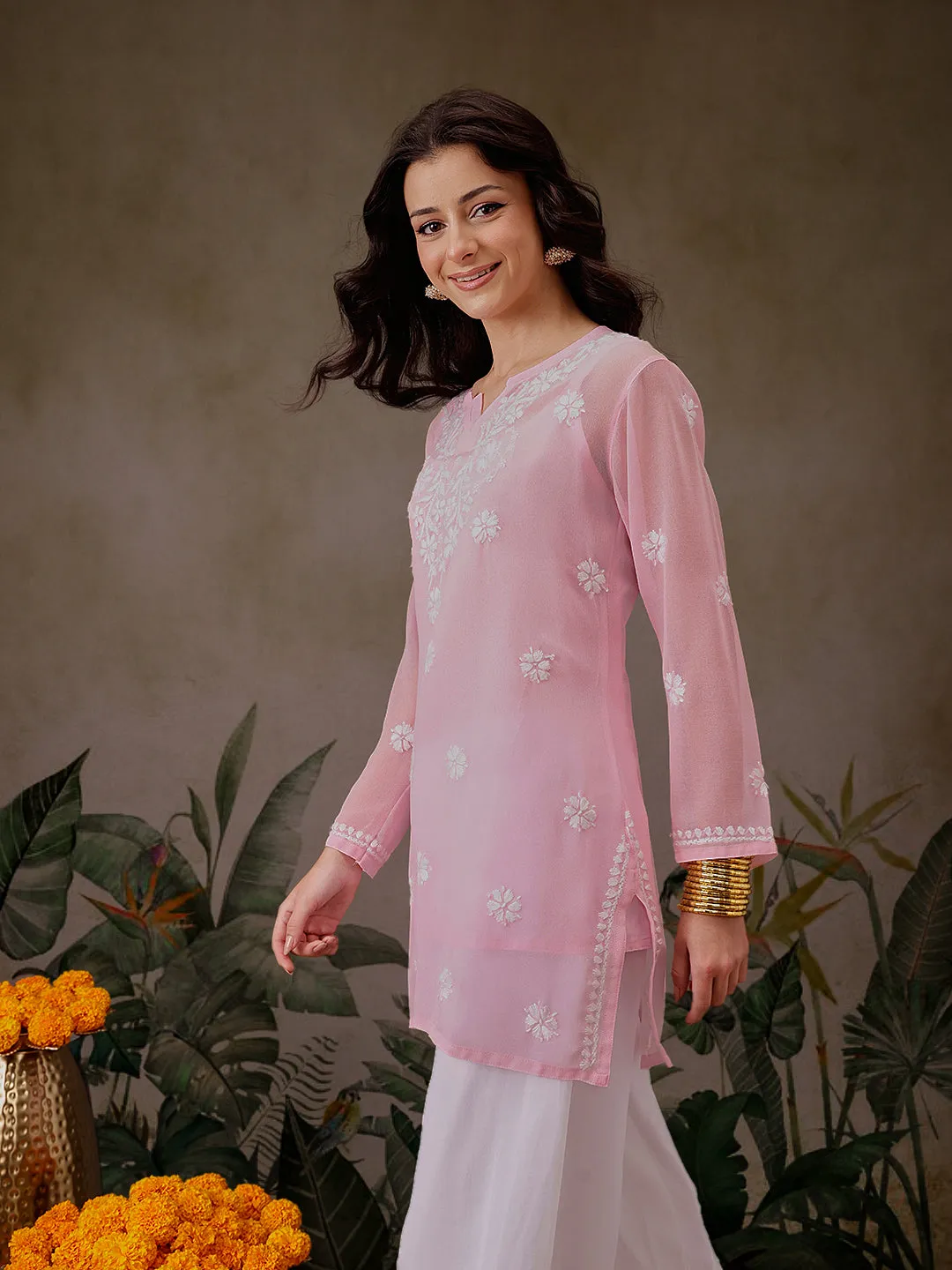 Pastel Pink Poly Georgette Boho Tunic & Slip