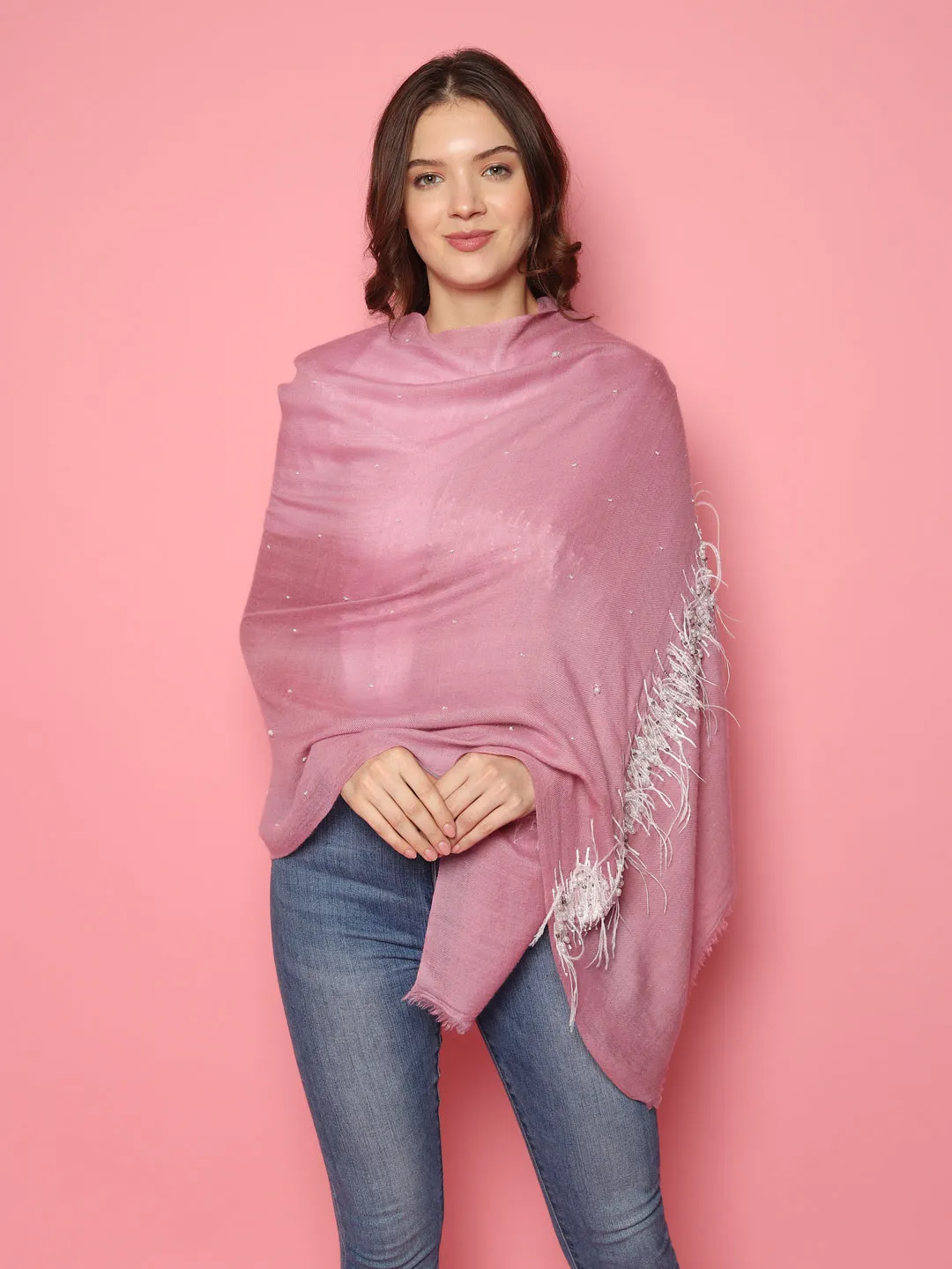 Pink Shawl 100% Pure Pashmina Shawl, hand embroidery feather border shawl, kashmiri shawls online