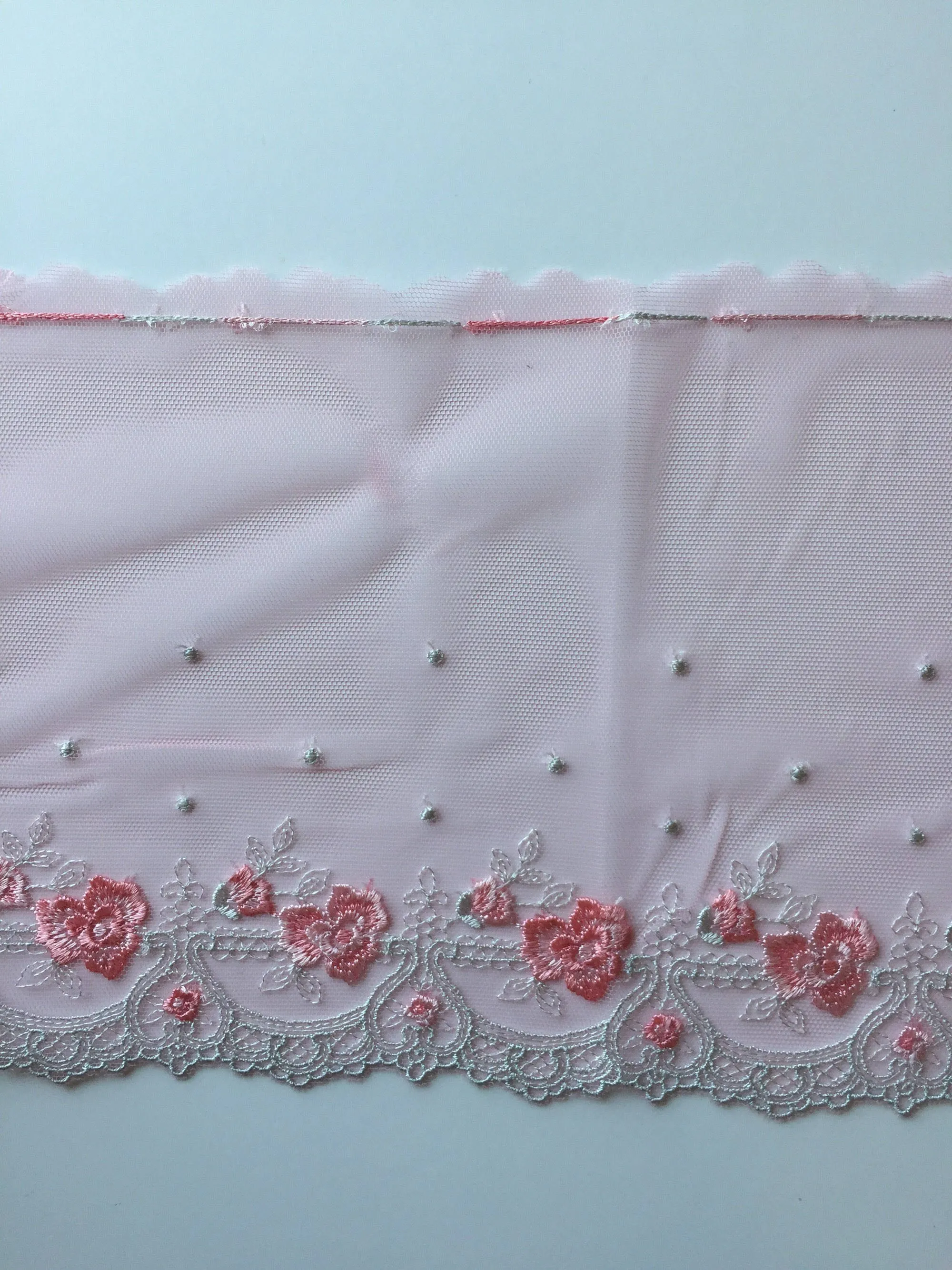 Pink/Silver 7" Wide Embroidered Lace Trim