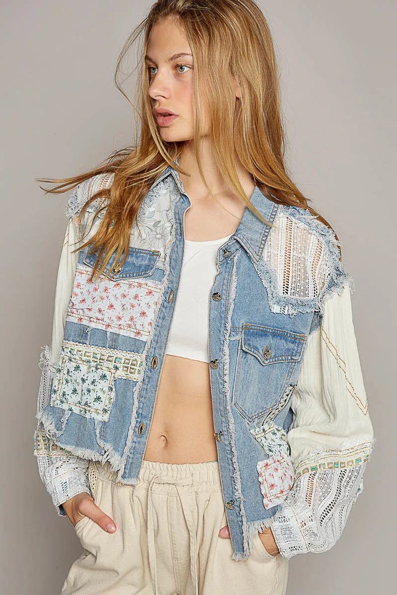 POL Women's Denim Oversized Patchwork Jacket