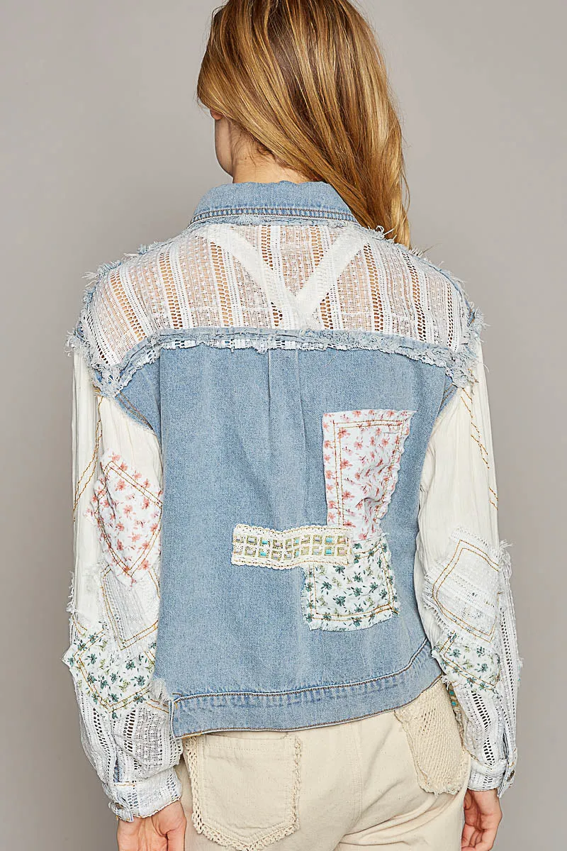 POL Women's Denim Oversized Patchwork Jacket