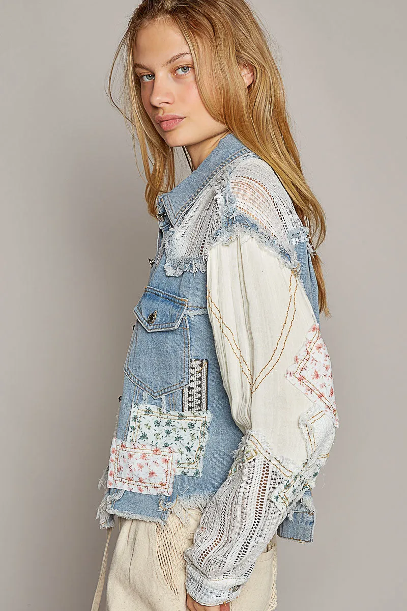 POL Women's Denim Oversized Patchwork Jacket