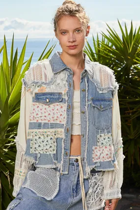 POL Women's Denim Oversized Patchwork Jacket