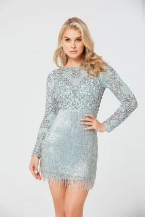 Primavera Couture 3546 Size 4 Cocktail Dress long sleeve fringe skirt Beaded Homecoming