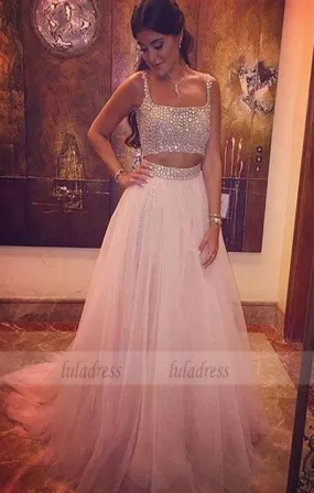 Sleeveless Straps Beaded Crystal Prom Dress,Long Evening Dresses 2 Piece Prom Dresses