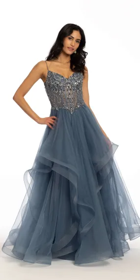 Tiered Beaded Corset Tulle Dress with Hose Hair Hem