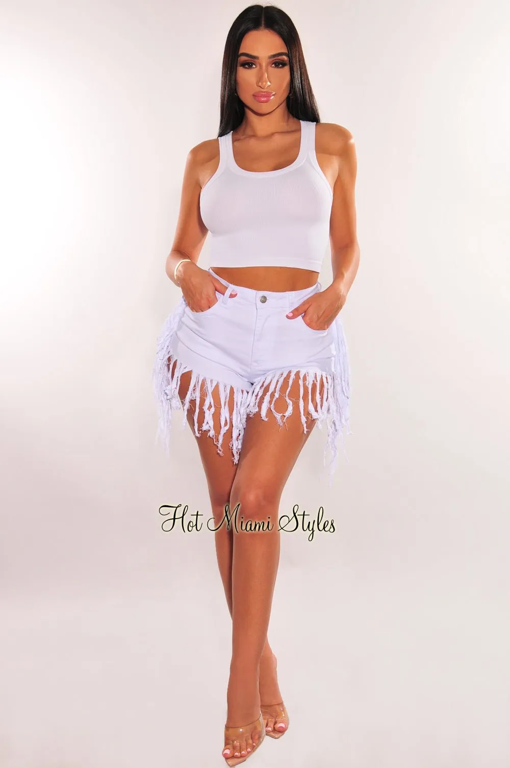 White Denim High Waist Fringe Hem Shorts