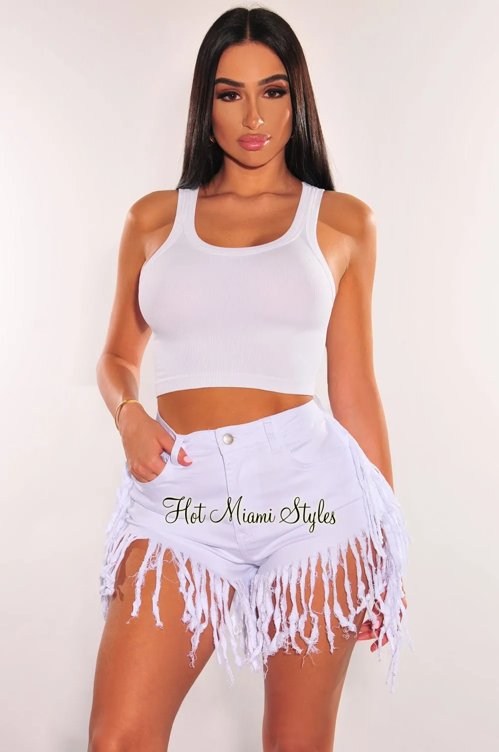 White Denim High Waist Fringe Hem Shorts