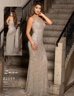 Zasa Chic Z2069 Size 00 Nude One shoulder sequin Prom Dress Pageant Gown Evening